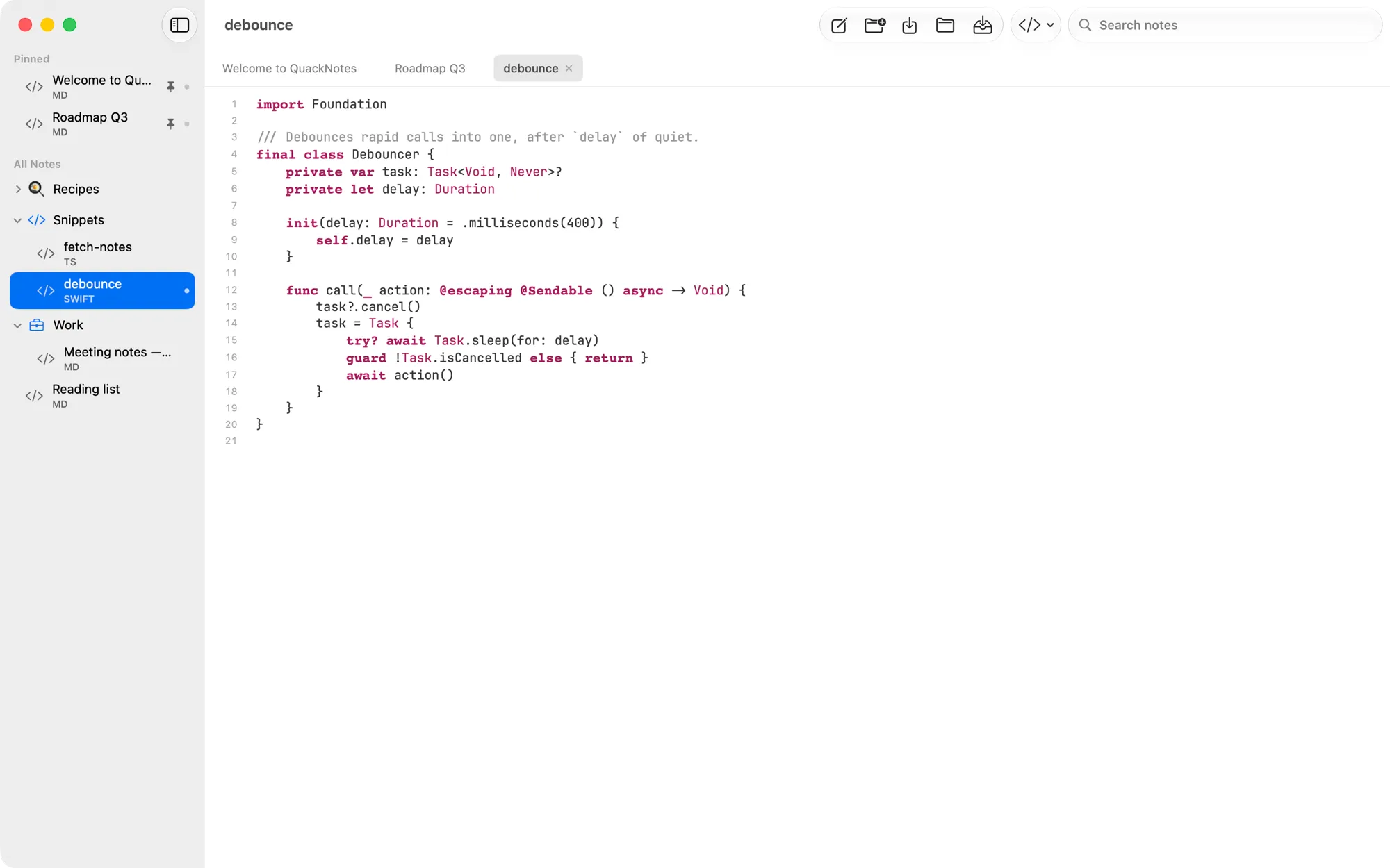 QuackNotes running on macOS