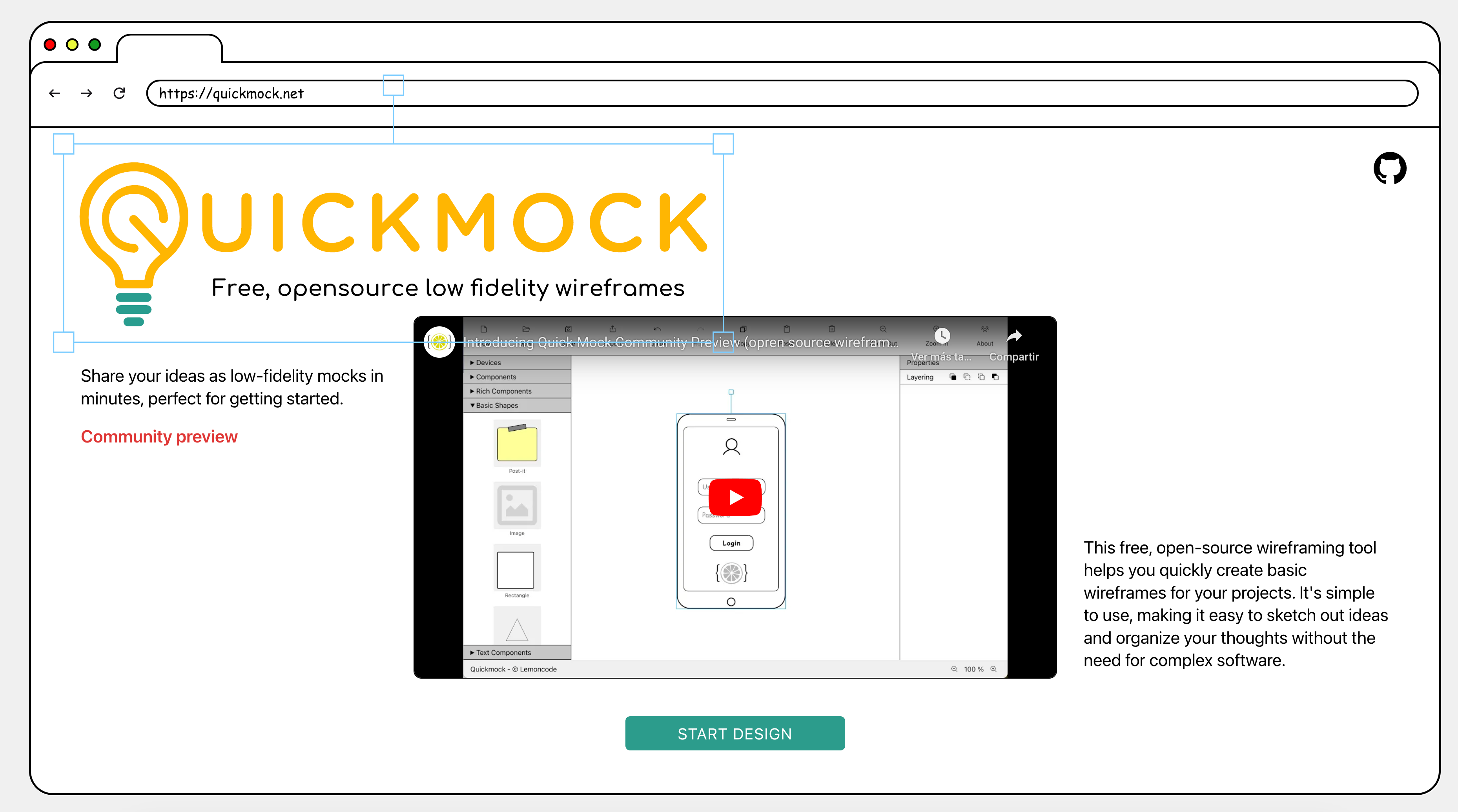 A screenshot of the home page for quickmock application.